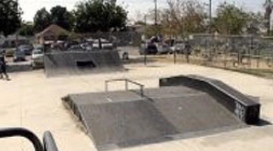 View of the rail ramp combo in Gilbert Lindsay Skate Park.
