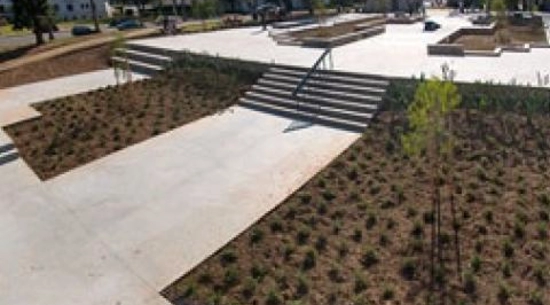 View of a Ledge and garden in Hollenbeck Safe Spot Skate park. 