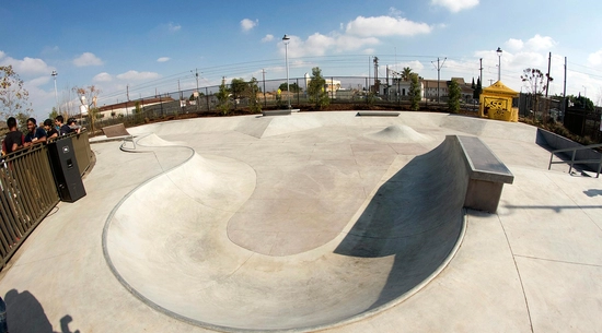 View of a bowl in Monitor Ave Skate Park. 