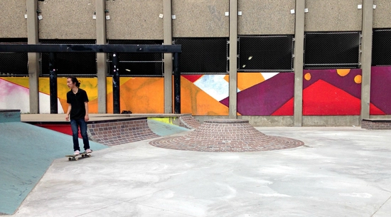 View of a person on a skateboard in Trinity Skate Park. 